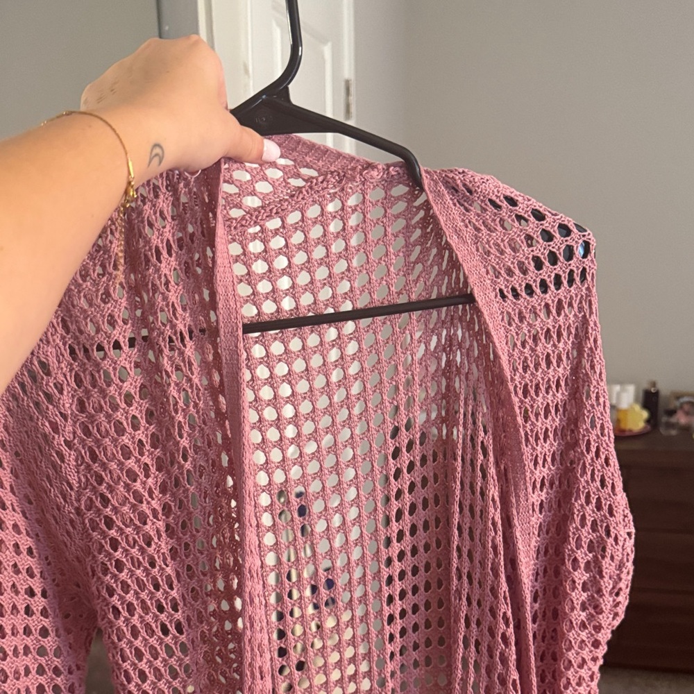Pink Crochet Open Cardigan